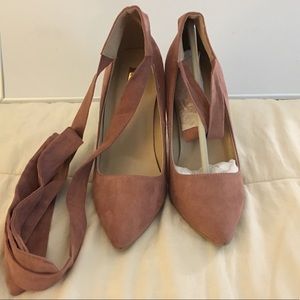 Qupid Blush Pink Suede Pointed Toe Lace Up Heels